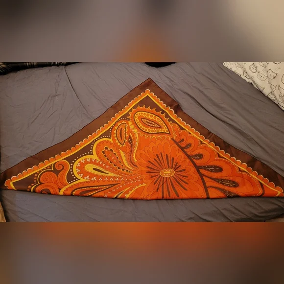 2/$12 Vintage 70's Brown, Orange and Yellow 100% Silky Polyester Scarf - Picture 2 of 5